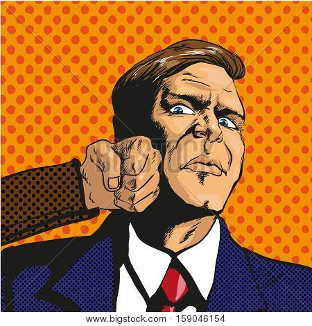 Vector illustration of man getting punch in his face in retro pop art comic style. Businessman facing unexpected difficulties and resisting them
