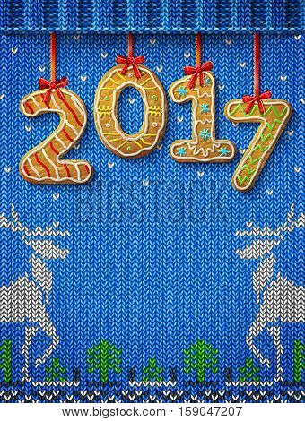 New Year 2017 in shape of gingerbread against knitted background. Year number like cookies on ribbon. Vector illustration for christmas new years day cooking winter holiday food silvester etc