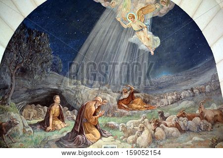 BETHLEHEM ISRAEL 26 10 16: Fresco in Shepherd Field Chapel. Has relevance for Catholics because there the first announcement of the birth of Christ is celebrated.