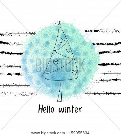 Vector grunge illustration. Hellow winter concept. Xmas winter background with abstract christmas tree and grunge stripes. Seasonal greeting card in cold blue colors.