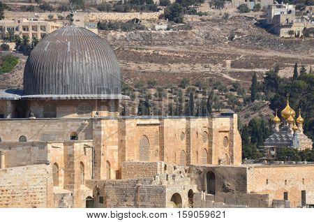 JERUSALEM ISRAEL 26 10 16: Panoramic view of Al-Aqsa Mosque, also known as Al-Aqsa and Bayt al-Muqaddas, is the third holiest site in Sunni Islam and is located in the Old City of Jerusalem.