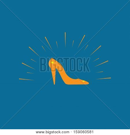 Women's gold slipper. Silhouette shoe girl on blue background. Symbol elegance sexy style fashion. Vintage and modern form. Isolated graphic design print. Flat vector image. Vector illustration