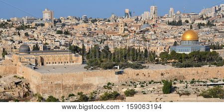 Panoramic view to Jerusalem Old city and the Temple Mount, Dome of the Rock and Al Aqsa Mosque from the Mount of Olives in Jerusalem, Israel,