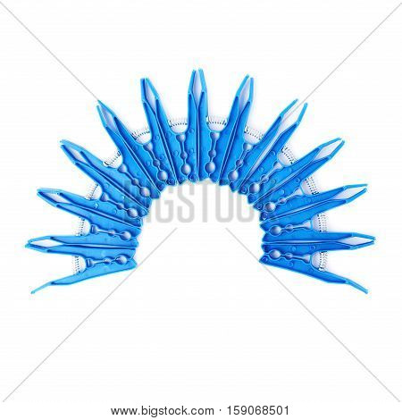 Semicirle shape of blue plastic cloth pegs isolated over white background