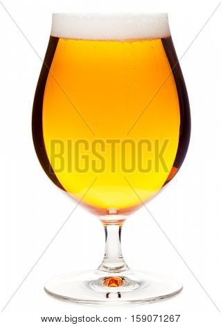 Full snifter glass of pale lager of pilsner beer isolated on white background