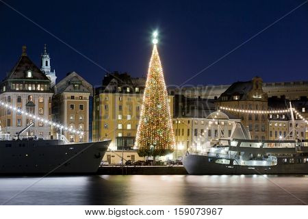 Stockholms old city with christmas tree