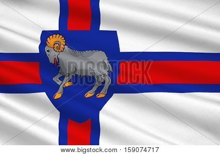 Flag of Faroe Islands is an island country of Denmark Kingdom. 3d illustration