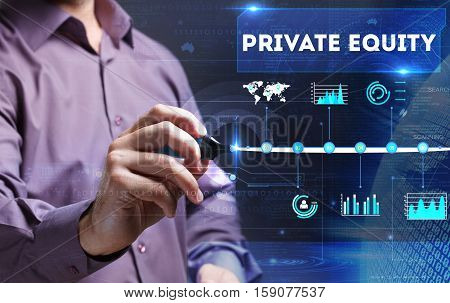 Technology, Internet, Business And Marketing. Young Business Man Writing Word: Private Equity