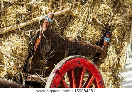 SELARGIUS, ITALY - September 11, 2016: Former marriage Selargino - Sardinia - detail of a wagon with straw