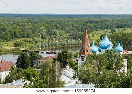 Gorokhovets. Views from the Puzhalova mountain of the Klyazma River and domes of Annunciation Cathedral