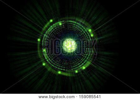 Close up of colorful neon atomic particle background 3D illustration