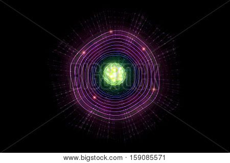 Close up of colorful neon atomic particle background 3D illustration