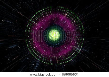 Close up of colorful neon atomic particle background 3D illustration