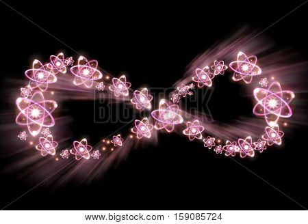 Atom particles make up shape of infinity symbol 3D illustration