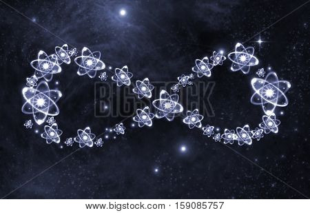 Atom particles make up shape of infinity symbol 3D illustration