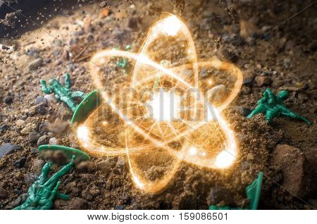 Many green toy soldiers wounded by atomic explosion on battlefield