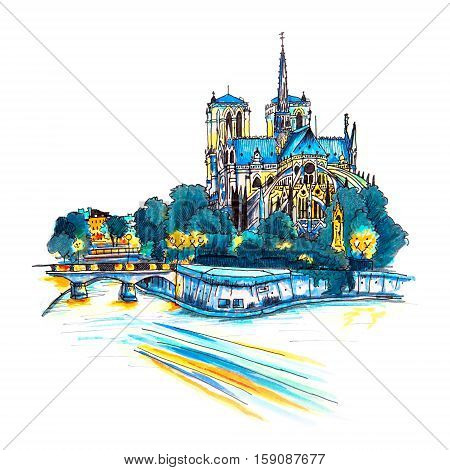 Gloomy cityscape with southern facade of Cathedral of Notre Dame de Paris, France. Picture made markers