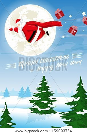 Merry Christmas and Happy New Year landscape. Funny fat Santa Claus with gift boxes flying on moon background as superhero. Cartoon style. Concept design banner poster flyer greeting card. Vector