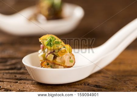Thousand-leaf Sweet Potatoes, Smoked Tuna And Cucumber Pickles In A Spoon. Taste Gastronomy Fingerfo