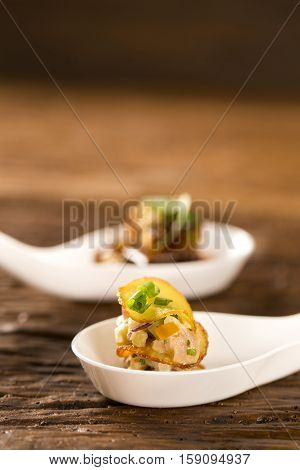 Thousand-leaf Sweet Potatoes, Smoked Tuna And Cucumber Pickles In A Spoon. Taste Gastronomy Fingerfo