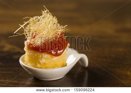 Canasta Cheese Mousse With Guava Jelly And Creamy Cornmeal Cake In A Spoon. Taste Gastronomy Finger