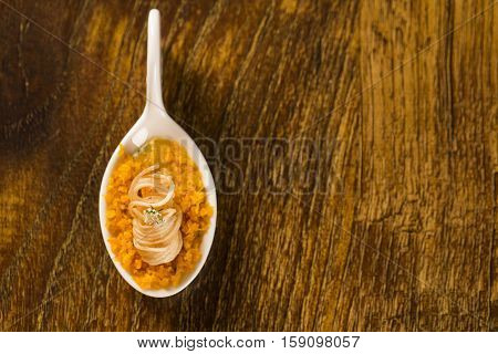 Crispy Shrimp With Piranha Pirão And Palm Tree Farofa In A Spoon. Taste Gastronomy Finger Food