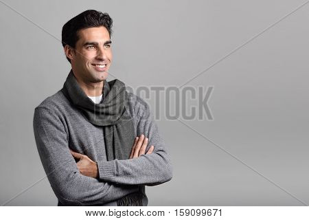 Handsome Man Wearing Winter Clothes On White Background