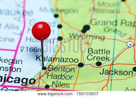 Benton Harbor pinned on a map of Michigan, USA