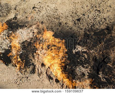 Burning mountain in Yanar Dag. Azerbaijan. Fire