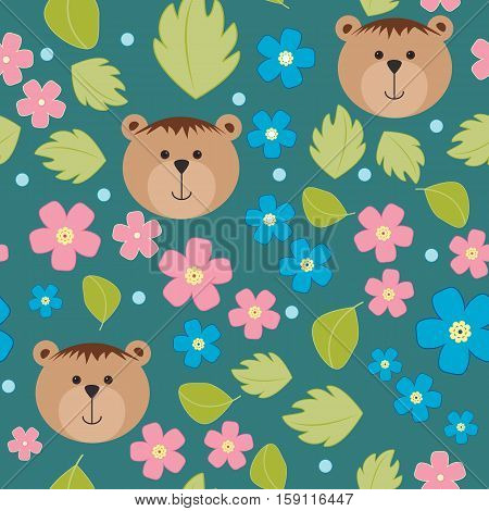 Floral background vector pattern with forget-me-not flowers and bears. Seamless vector pattern for cushion pillow bandanna silk kerchief or shawl fabric print. Texture for clothes bedclothes