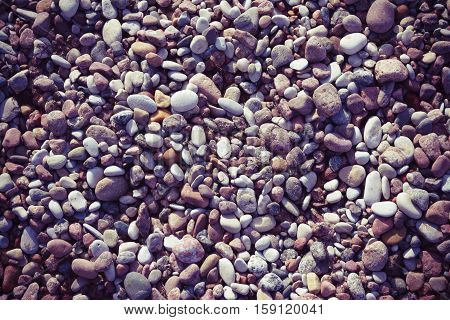 marine pebbles on the shore of the Baltic Sea, to grind with water in various sizes and colors, the oval and round,  nature, background tinted, preset, purple