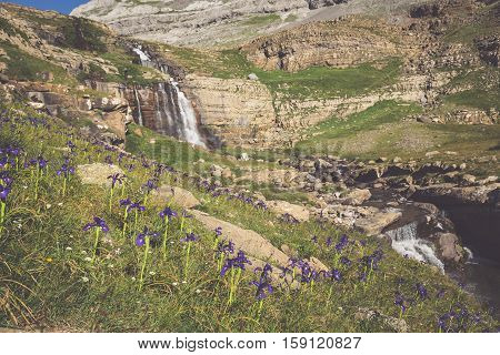 Waterfall de cotatuero under Monte Perdido at Ordesa Valley Aragon Huesca Pyrenees of Spain