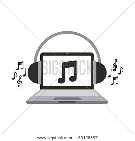 laptop computer with musical note and heaphones over white background. music and technology concept. vector illustration