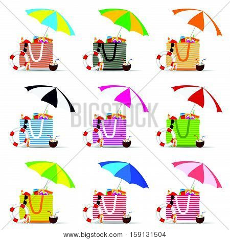 Bag For Beach With Stuff Color Set Illustration