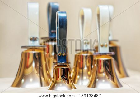 Golden handbells ready to play close up