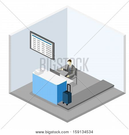 Isometric Flat 3D Vector Interior Of Airport Check-in.