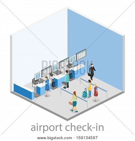 Isometric Flat 3D Vector Interior Of Airport Check-in.