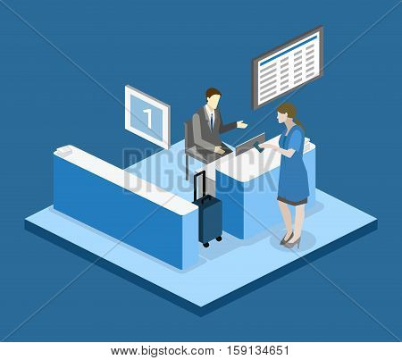 Isometric Flat 3D Vector Interior Of Airport Check-in.