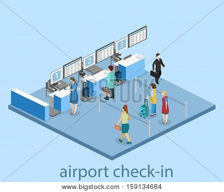 Isometric Flat 3D Vector Interior Of Airport Check-in.