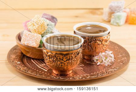 Coffee And Turkish Delight In A Copper Cups