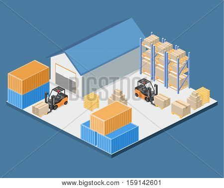 Isometric Flat 3D Concept Vector Warehouse Outside.