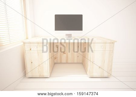Simple wooden desktop with empty computrer screen. Mock up 3D Rendering