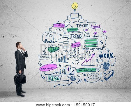 Side view of thoughtful caucasian businessman looking at creative success sketch drawin on concrete wall