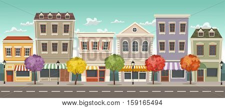 Street of a colorful city with shops
