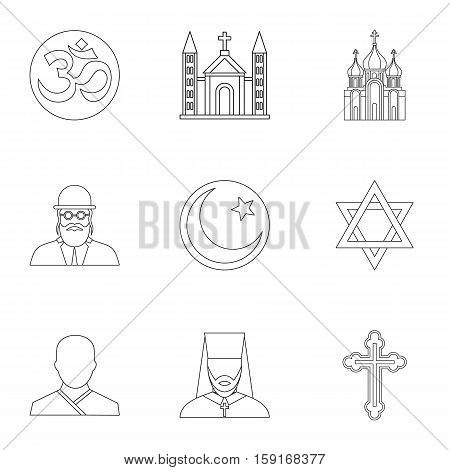 Beliefs icons set. Outline illustration of 9 beliefs vector icons for web