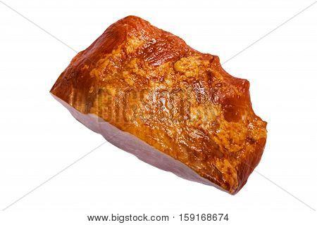 Piece of Smoked Carving Ham Isolated on White Background. Selective focus.