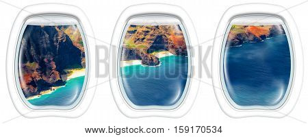 Three plane windows on Na Pali coast, Kauai, Hawaii, United States, from a plane on the porthole windows. Copy space.
