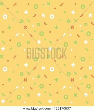 Geometric pattern with circles, dotes, pluses and crosses. Yellow background for the cover of the Memphis style or background