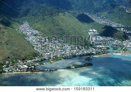 Aerial of Paiko Peninsula Kuli'Ou'Ou Valley Hawaii Kai and Pacific Ocean on Oahu.