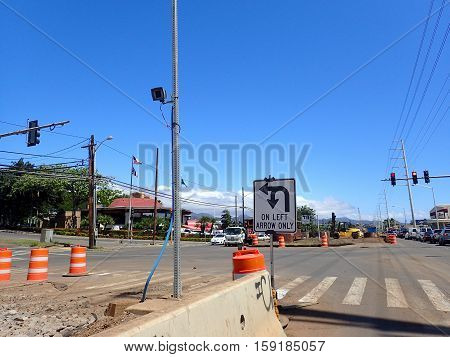 HONOLULU - MARCH 18: HART Light Rail concrete guideway begins construction in road center in Pearlrigde on Oahu Hawaii on March 18 2016. HART is building a 8 billlion dollar railway linking Oahu communities.